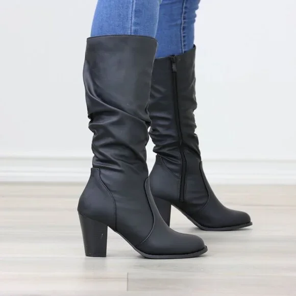 Black Mid-Calf Boots Faux leather Side Zip Block Heel Slouched Shaft - Picture 5 of 15